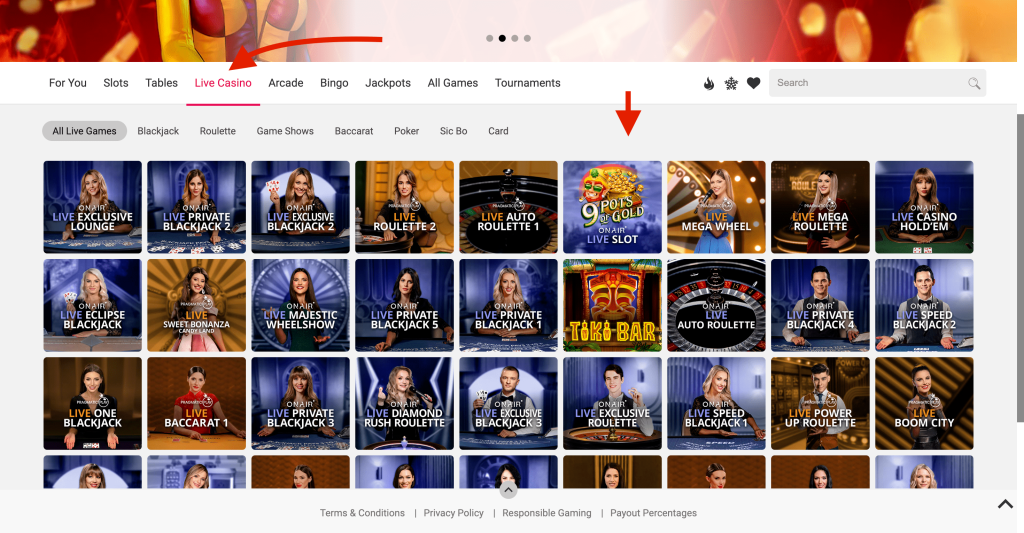 Online live games section at Spin Casino