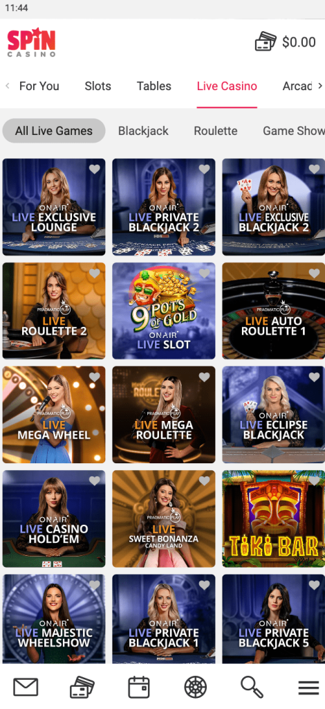 Live section of mobile version Spin Casino