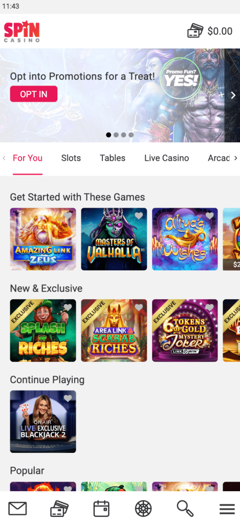 Main page of mobile version Spin Casino