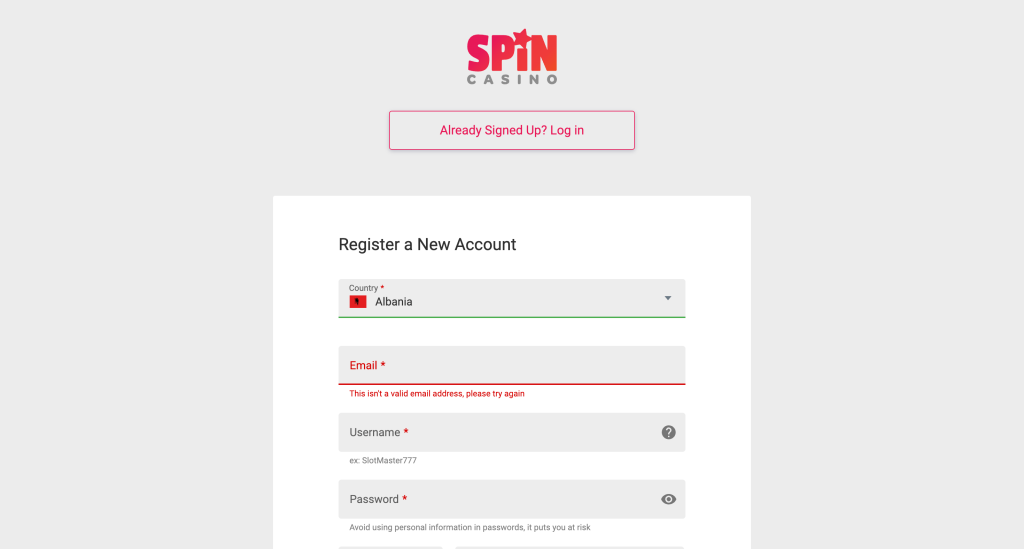 Sign Up And Log In at Spin Casino