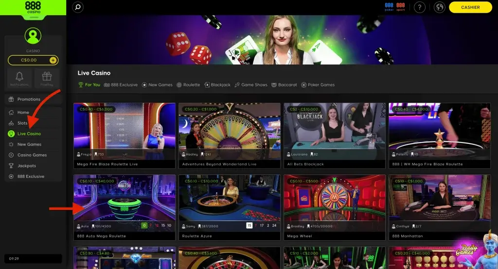 888 casino live game section selected