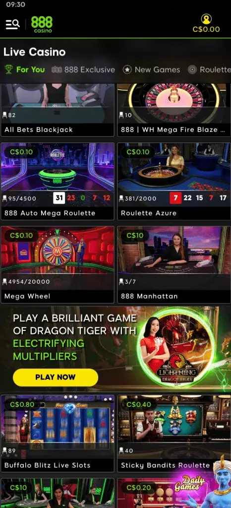 Live game page of 888 casino mobile version