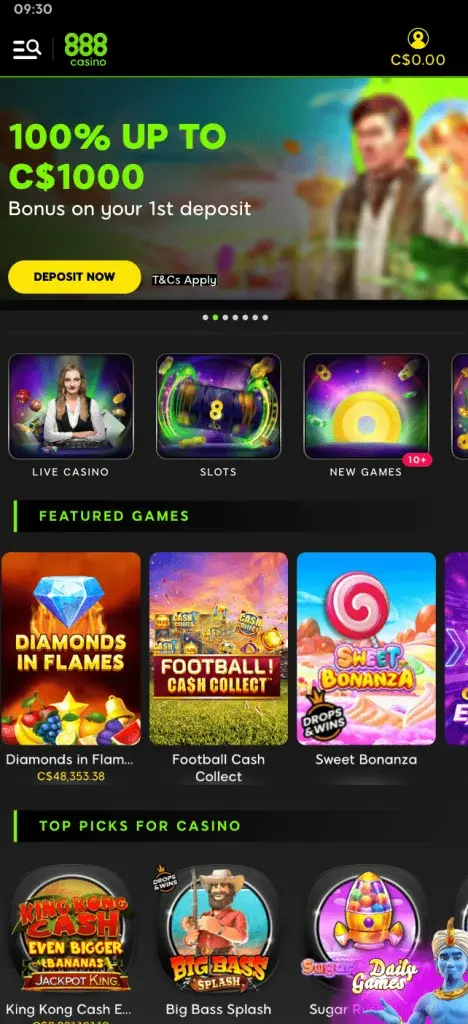 Main page of 888 casino mobile version