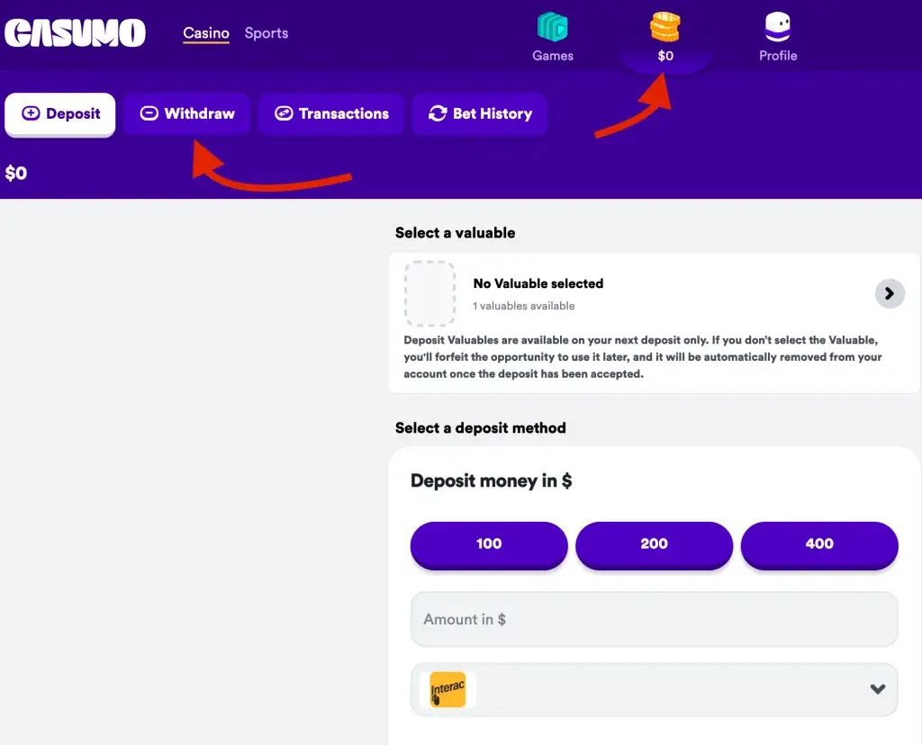 Withdrawal options in Casumo