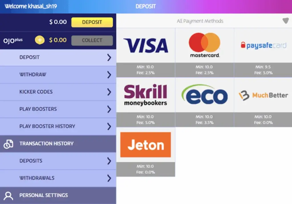 deposit methods at PlayOJO