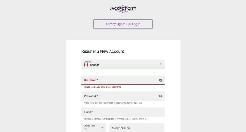 Sign up form of Jackpot City