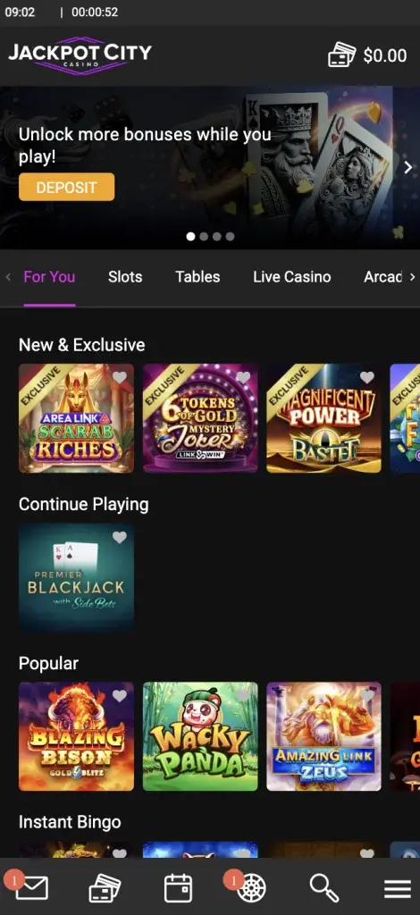 Jackpot City mobile version interface
