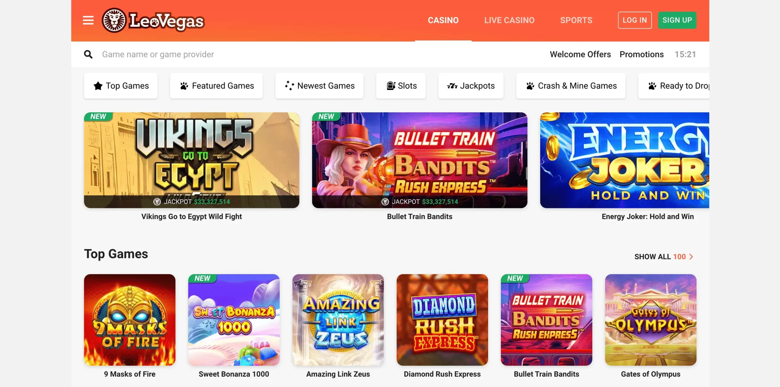 Leo Vegas Live Casino Main Page