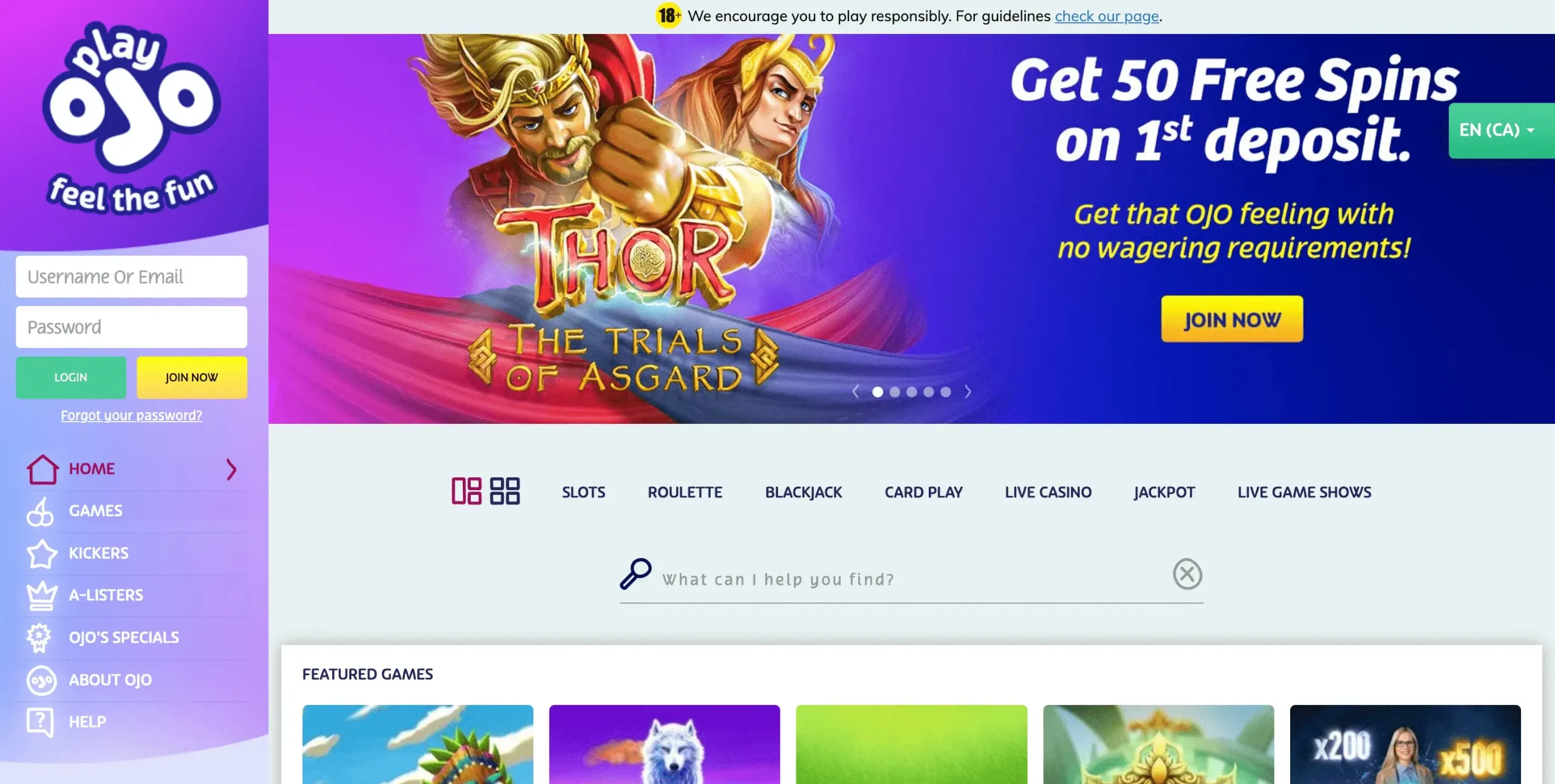 PlayOJO Live Casino Main Page