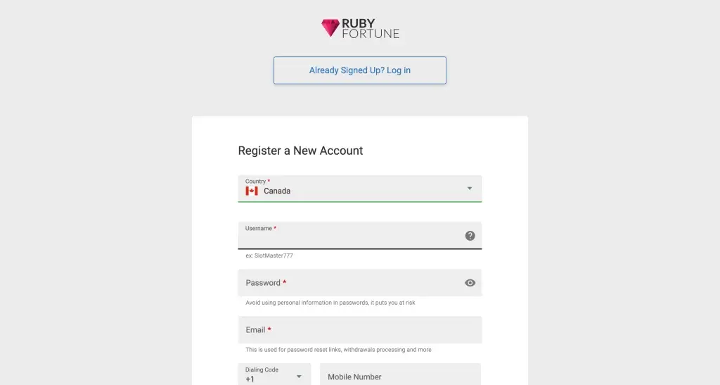 Sign Up at Ruby Fortune