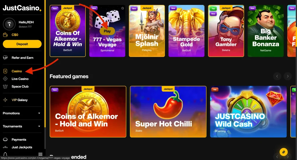 Game choosing at visa casino