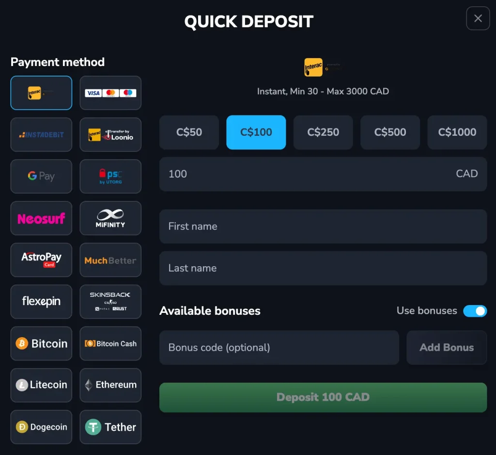 deposit options at luckywins