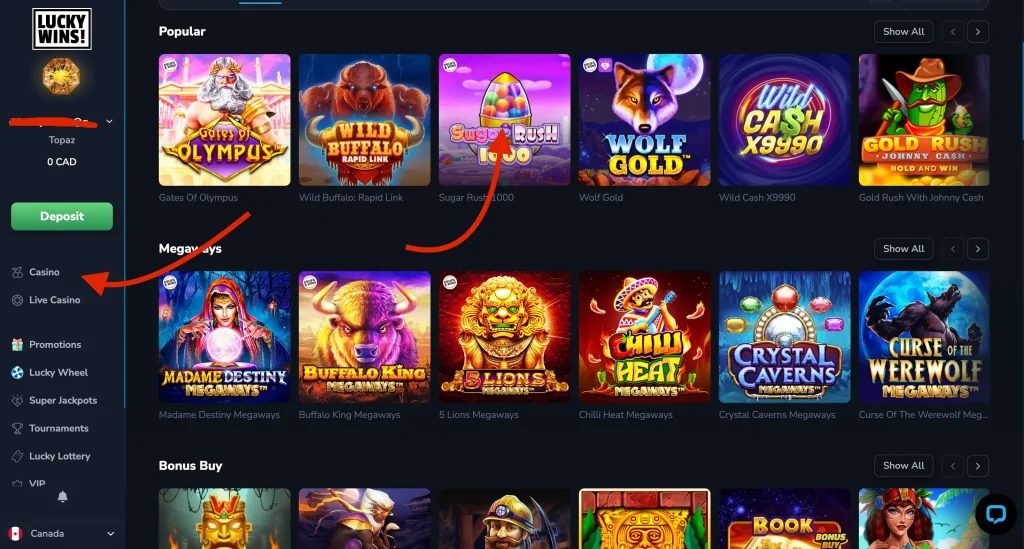 game section at casino